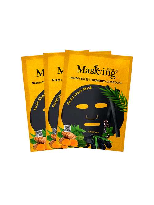 masking diva facial sheet mask of neem, tulsi, turmeric and charcoal extract for anti acne for women & men, 75ml (pack of 3) - 17680557 -  Standard Image - 0