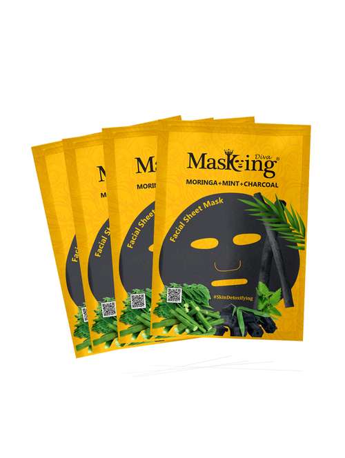 masking diva facial sheet mask of moringa, mint and charcoal extract for skin detoxifying for women & men, 100ml (pack of 4) - 17680564 -  Standard Image - 0