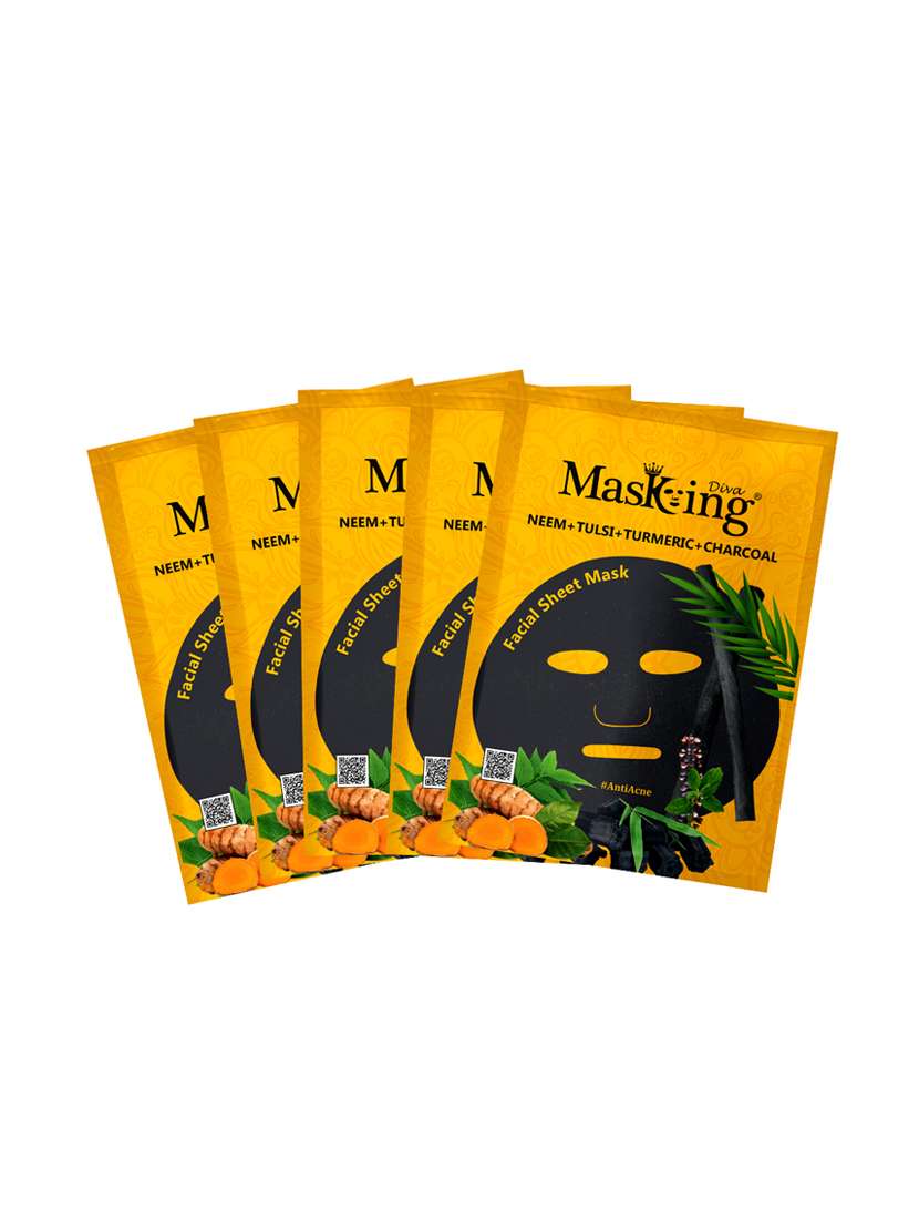 masking diva facial sheet mask of neem, tulsi, turmeric and charcoal extract for anti acne for women & men, 125ml (pack of 5) - 17680567 -  Zoom Image - 0