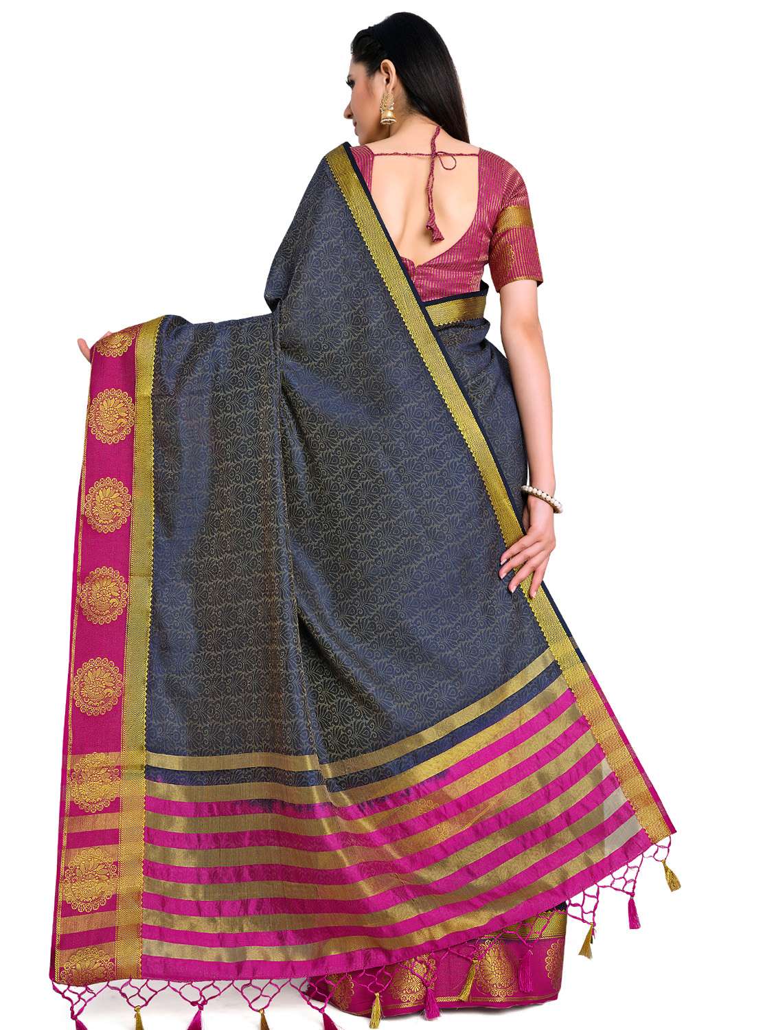 women's self design navy blue colored saree - 17684602 - Standard Image - 1
