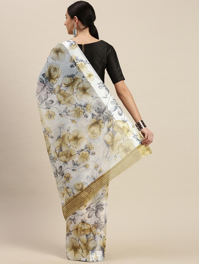 offwhite linen printed saree with blouse - 17687289 - Standard Image - 1