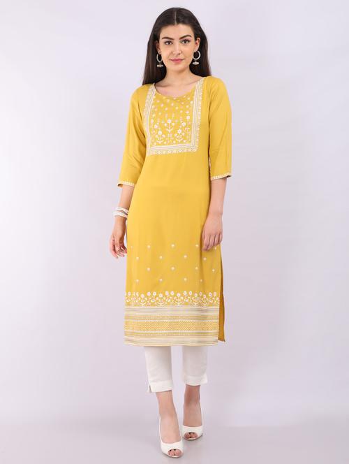 yellow rayon straight kurta - 17687972 - Standard Image - 0
