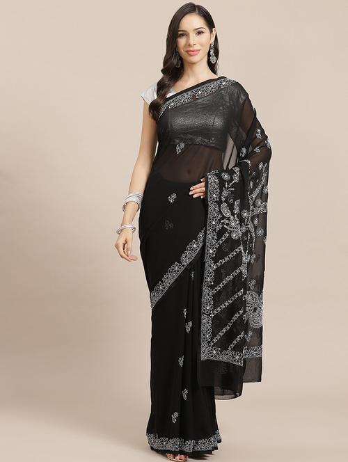 ada hand-embroidered black chikankari saree with blouse - 17689302 -  Standard Image - 0