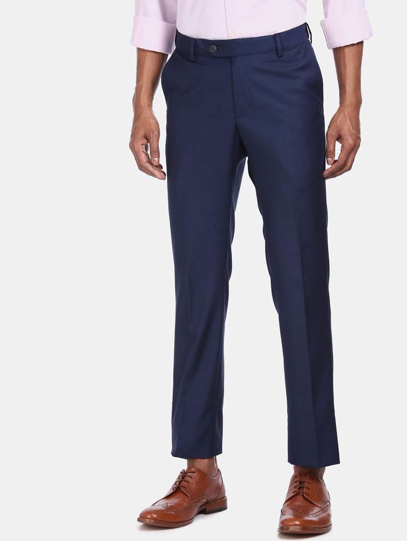 blue solid flat front formal trouser - 17694639 -  Standard Image - 1