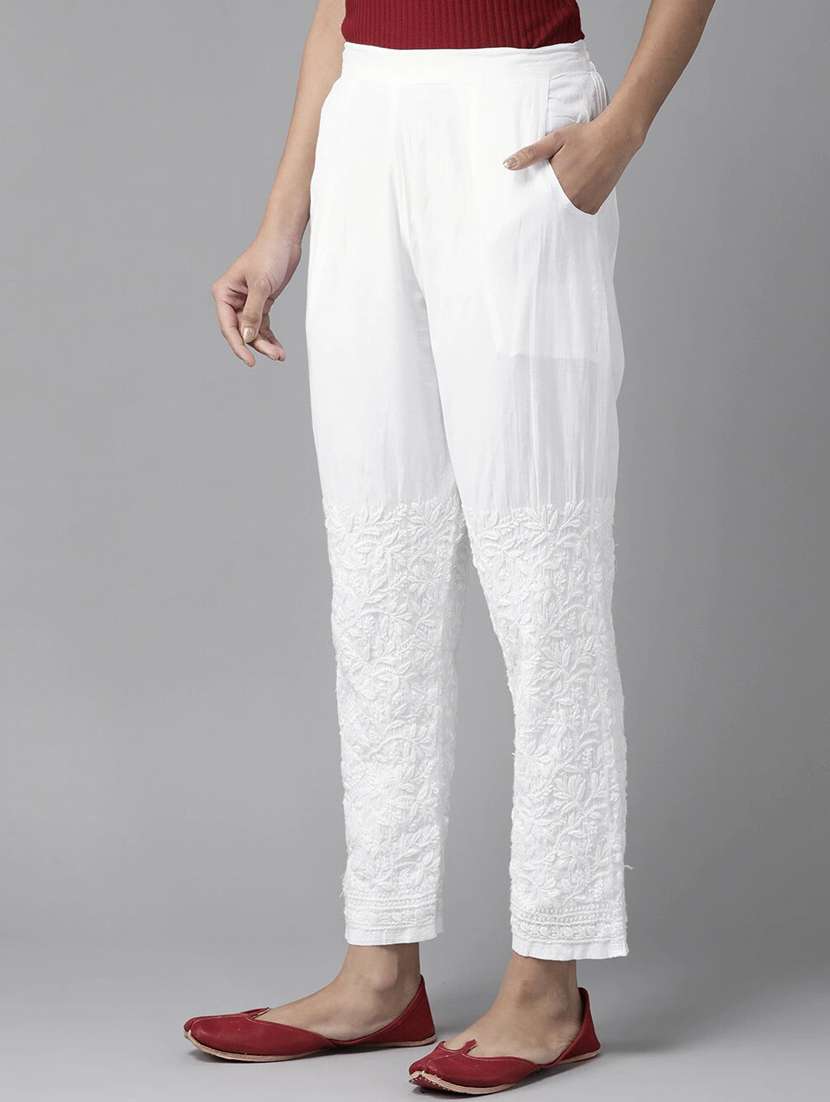 ada hand-embroidered white chikankari tapered pant - 17694803 -  Standard Image - 1