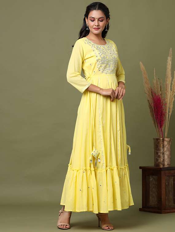 yellow cotton fit & flare gown - 17695162 -  Standard Image - 1