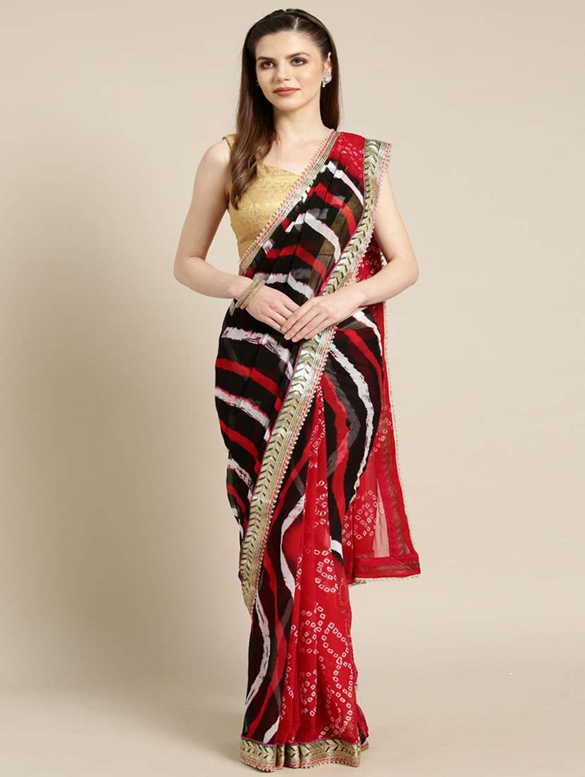 women's printed red colored saree with blouse