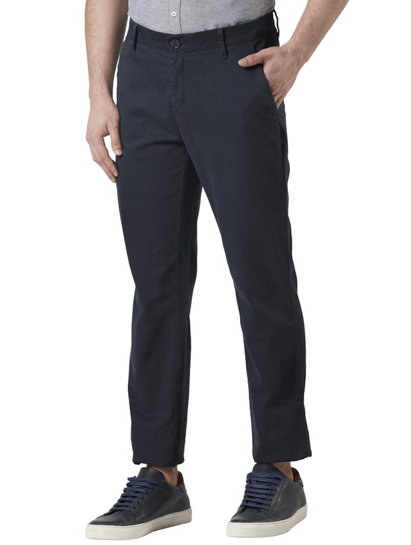 navy blue solid flat front casual trouser - 17697197 - Standard Image - 1