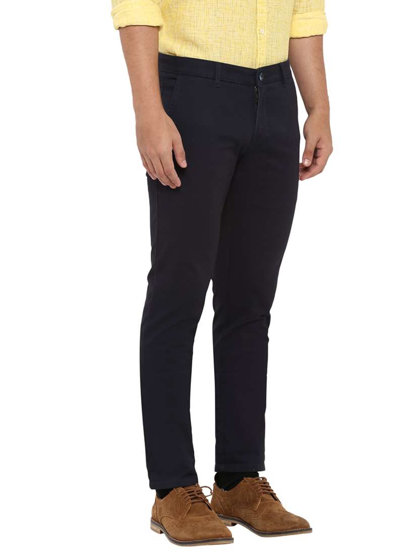 navy blue solid flat front casual trouser - 17697258 - Standard Image - 1