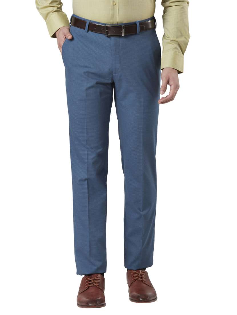 blue checkered flat front formal trouser