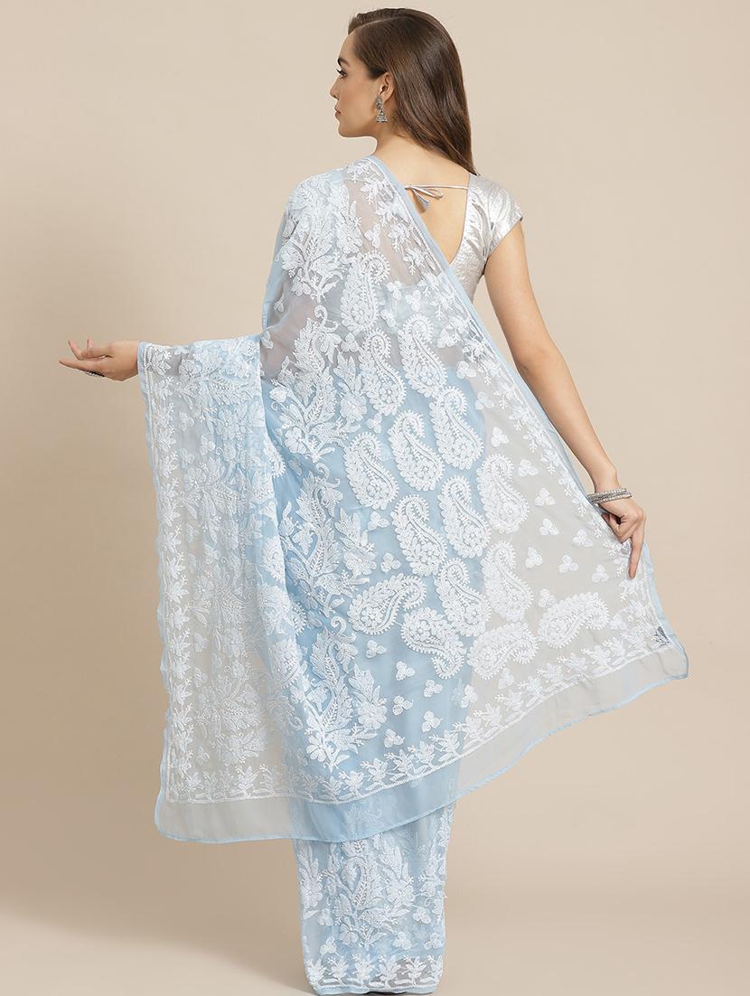 ada hand-embroidered blue chikankari saree with blouse - 17697470 - Standard Image - 1