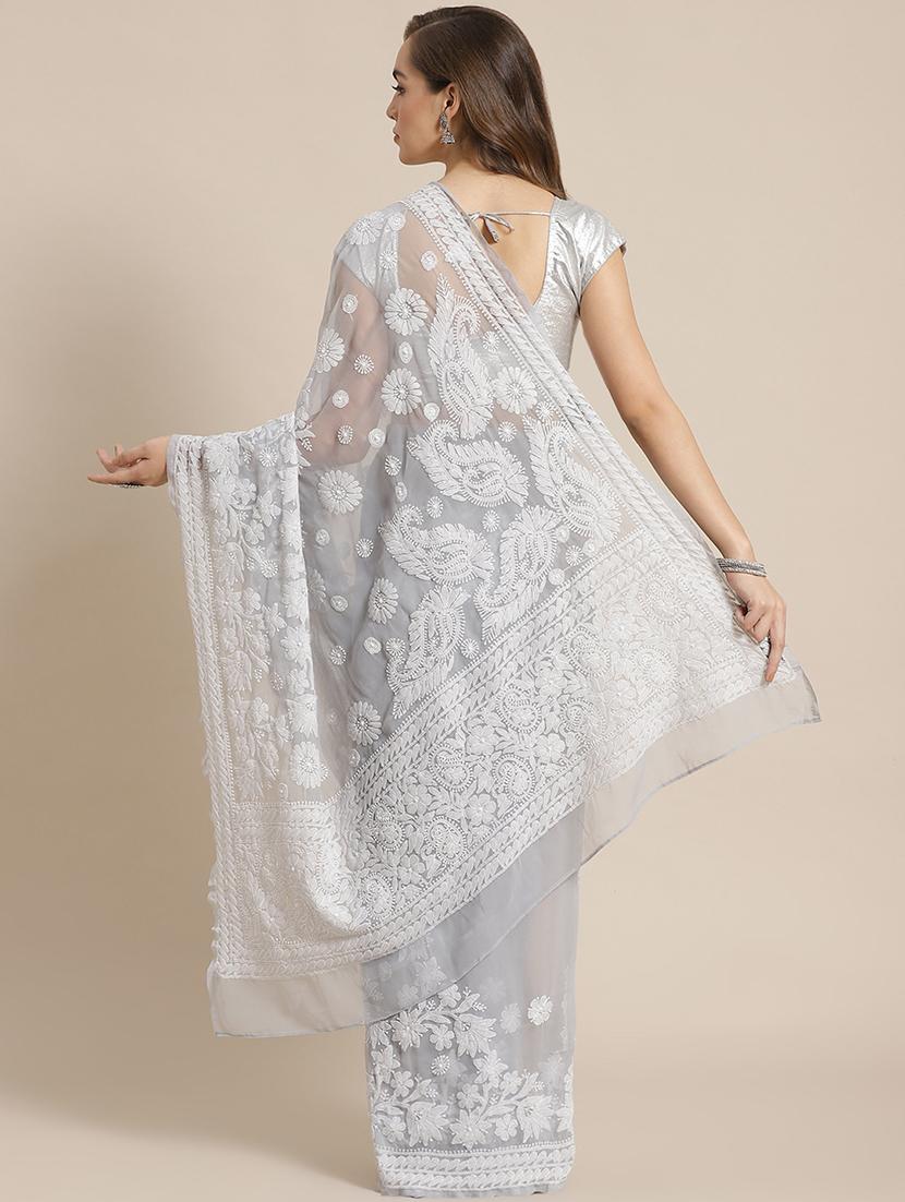 ada hand-embroidered grey chikankari saree with blouse - 17697476 -  Standard Image - 1