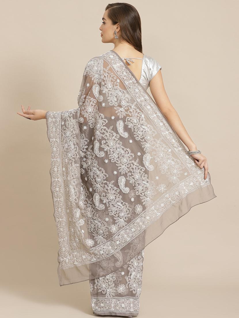 ada hand-embroidered grey chikankari saree with blouse - 17707256 - Standard Image - 1