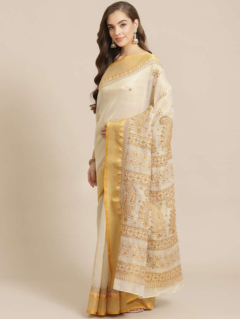ada hand-embroidered beige chikankari saree with blouse