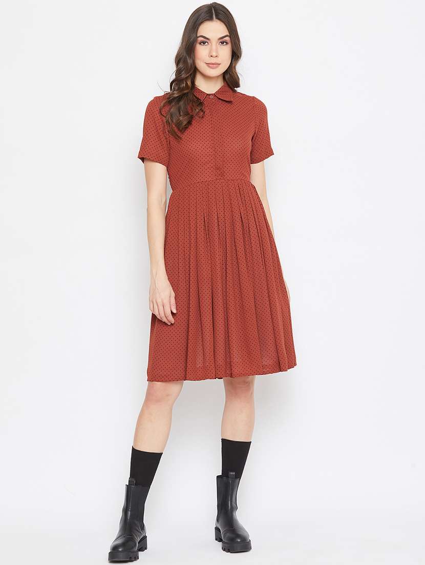 pleated polka dot shirt dress