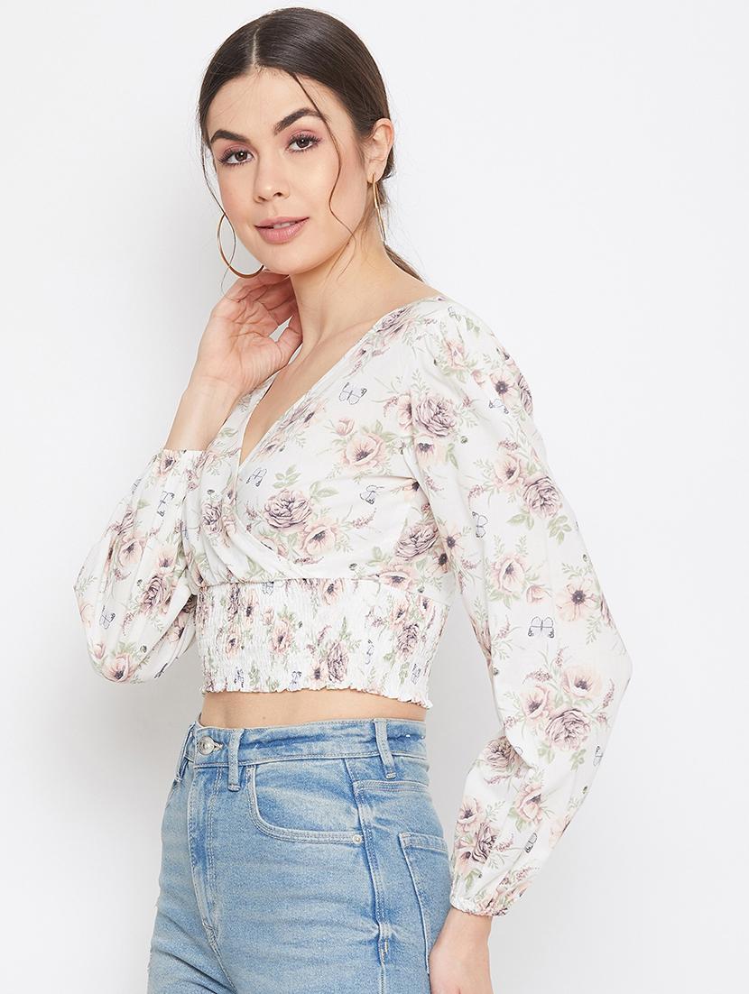 overlap neck floral crop top  - 17709297 -  Standard Image - 1