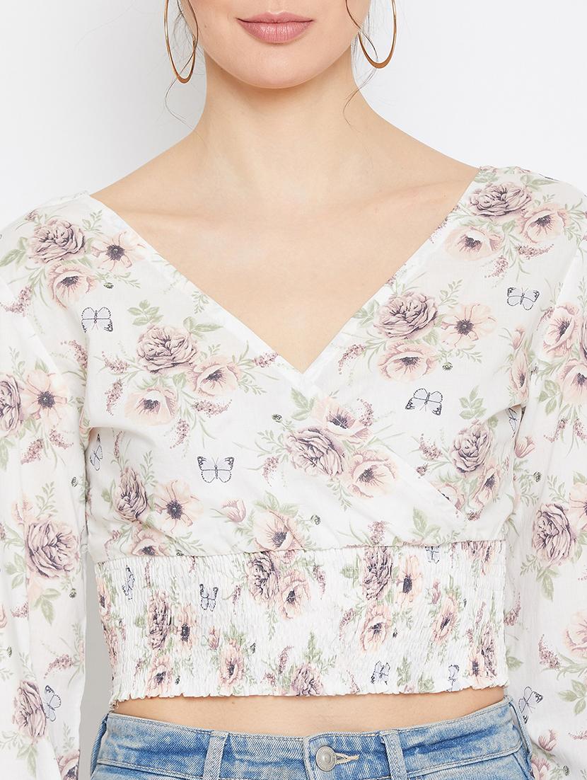 overlap neck floral crop top - 17709297 - Standard Image - 4