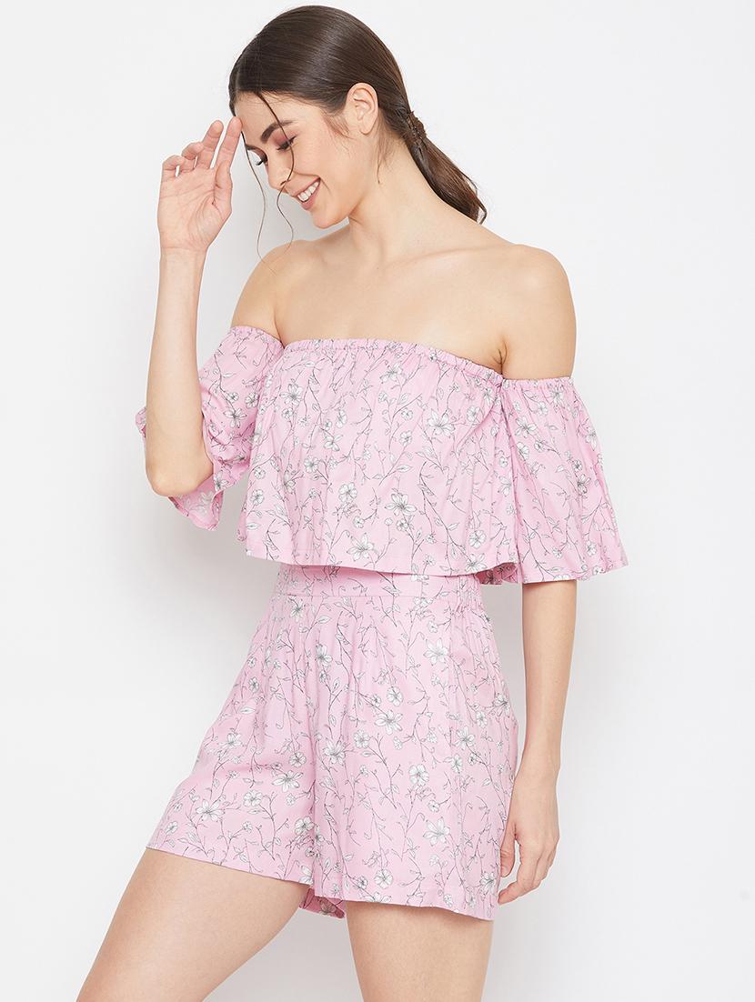 off shoulder floral crop top with shorts set - 17709310 - Standard Image - 1