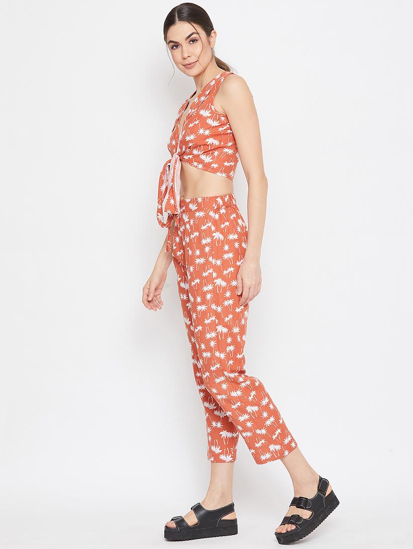 tie front tropical crop top with trouser set - 17709311 - Standard Image - 1