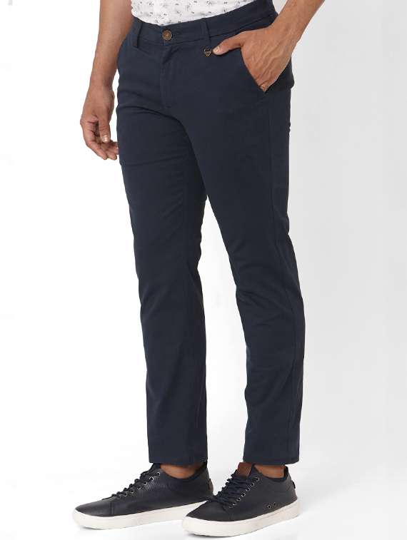 navy blue solid flat front casual trouser - 17709365 - Standard Image - 1