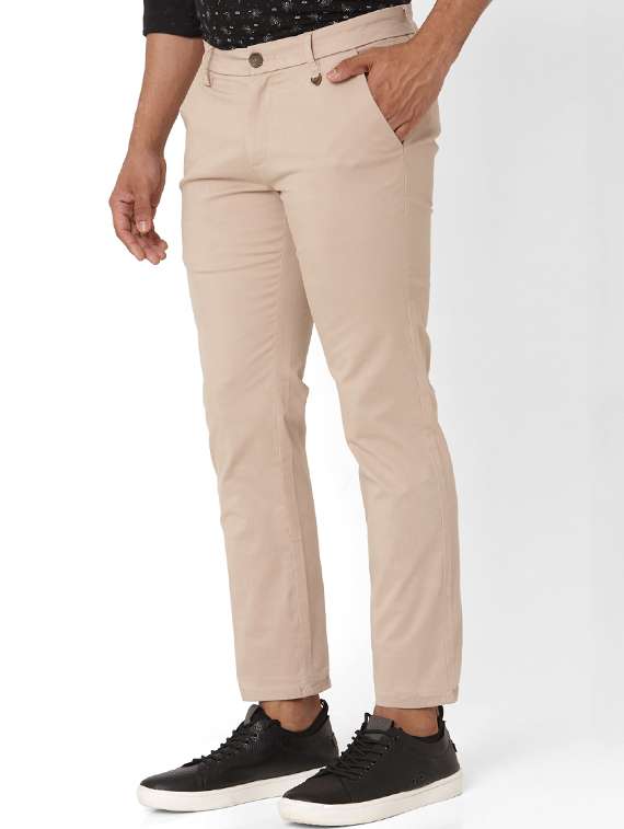 beige solid flat front casual trouser - 17709366 - Standard Image - 1