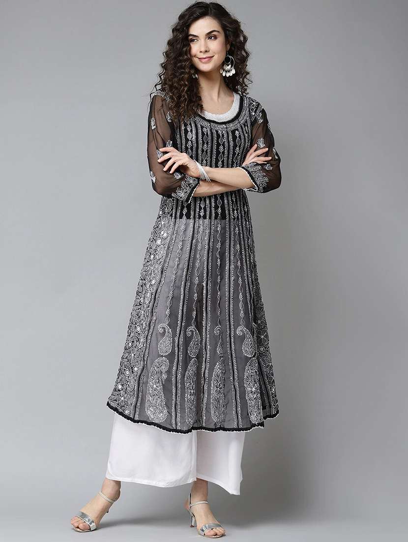 georgette anarkali chikankari hand worked black flair kurta