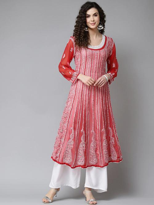 georgette anarkali chikankari hand worked red flair kurta - 17709438 -  Standard Image - 0