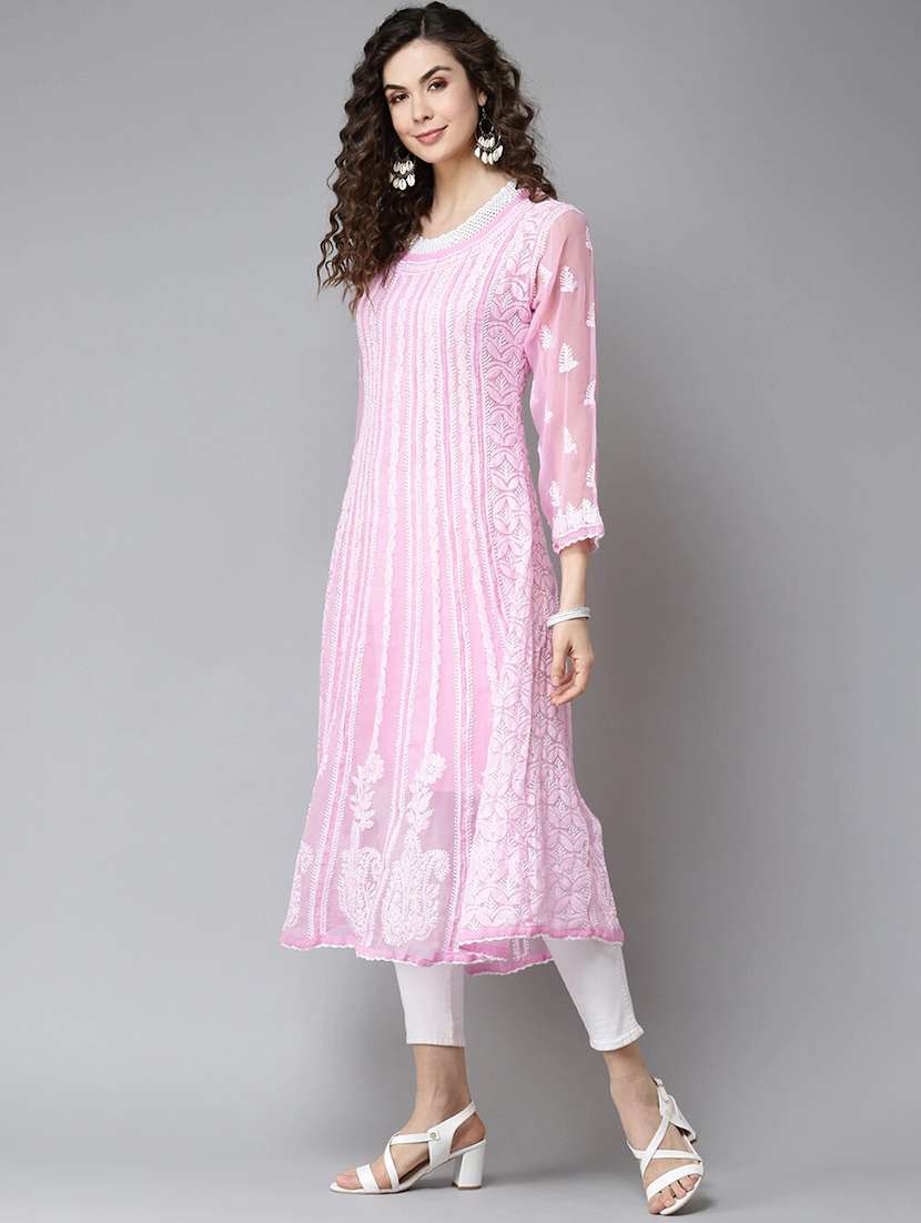 ada hand-embroidered pink chikankari a-line kurta - 17709439 -  Standard Image - 1