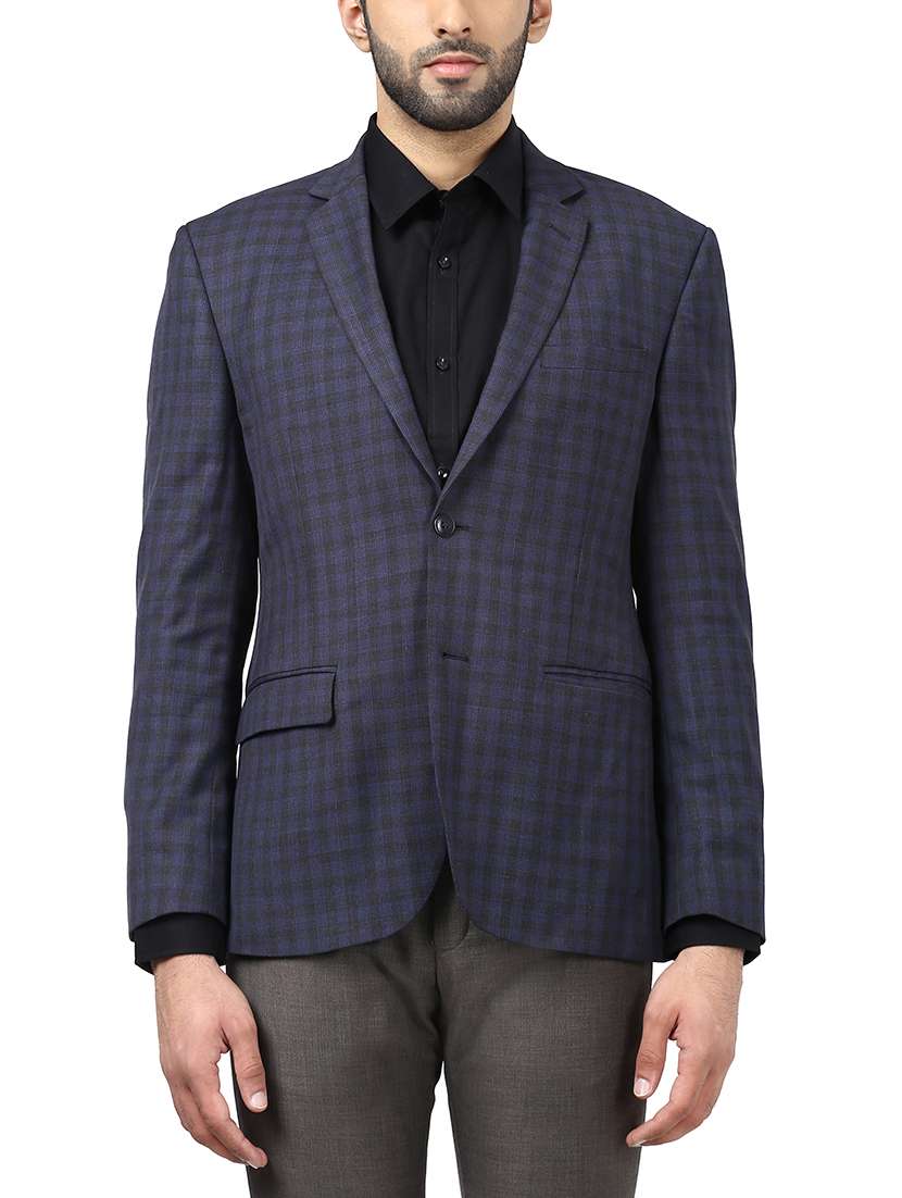 blue checkered single breasted formal blazer