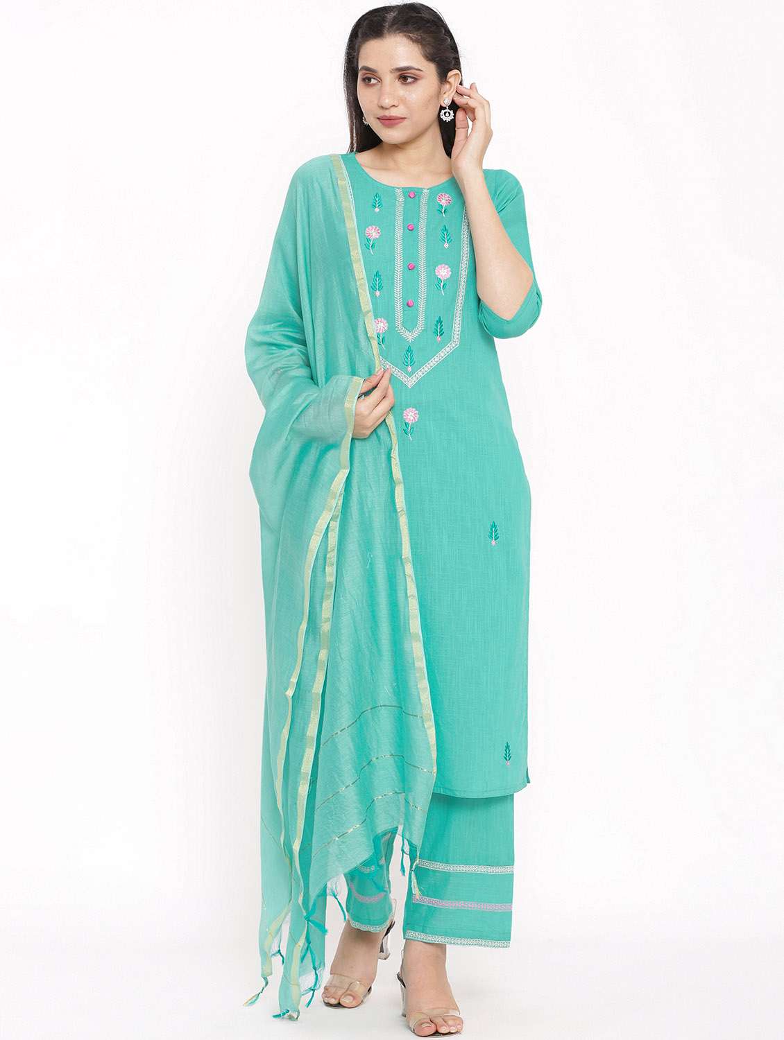 women three quarter sleeve kurta pant with dupatta set