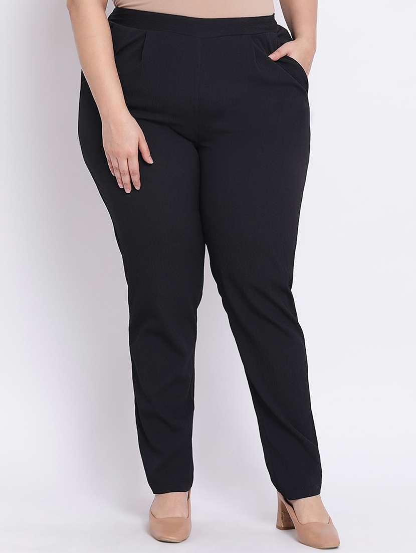 women solid black plus size trouser