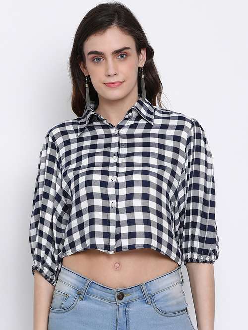 puff sleeved checkered crop shirt - 17715168 - Standard Image - 0
