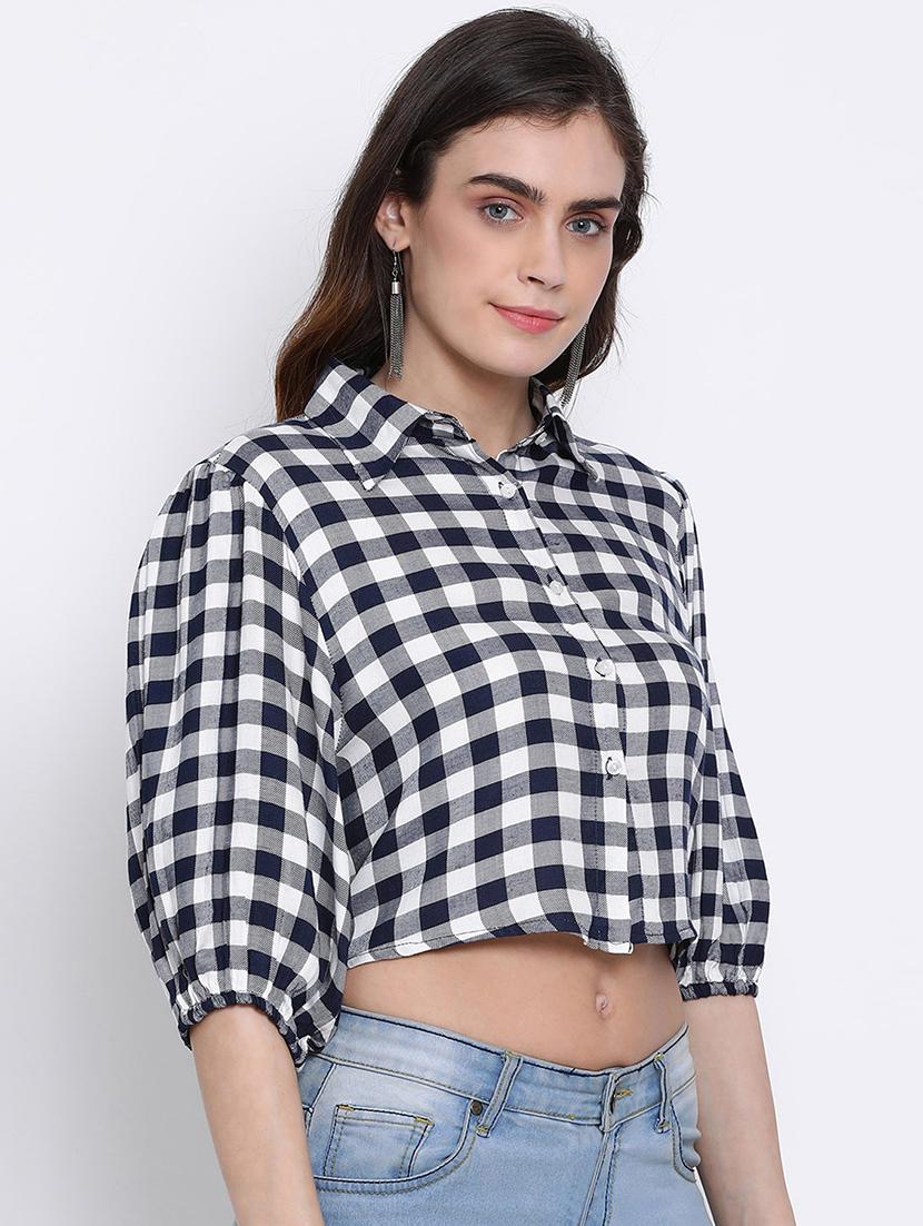 puff sleeved checkered crop shirt - 17715168 - Standard Image - 1
