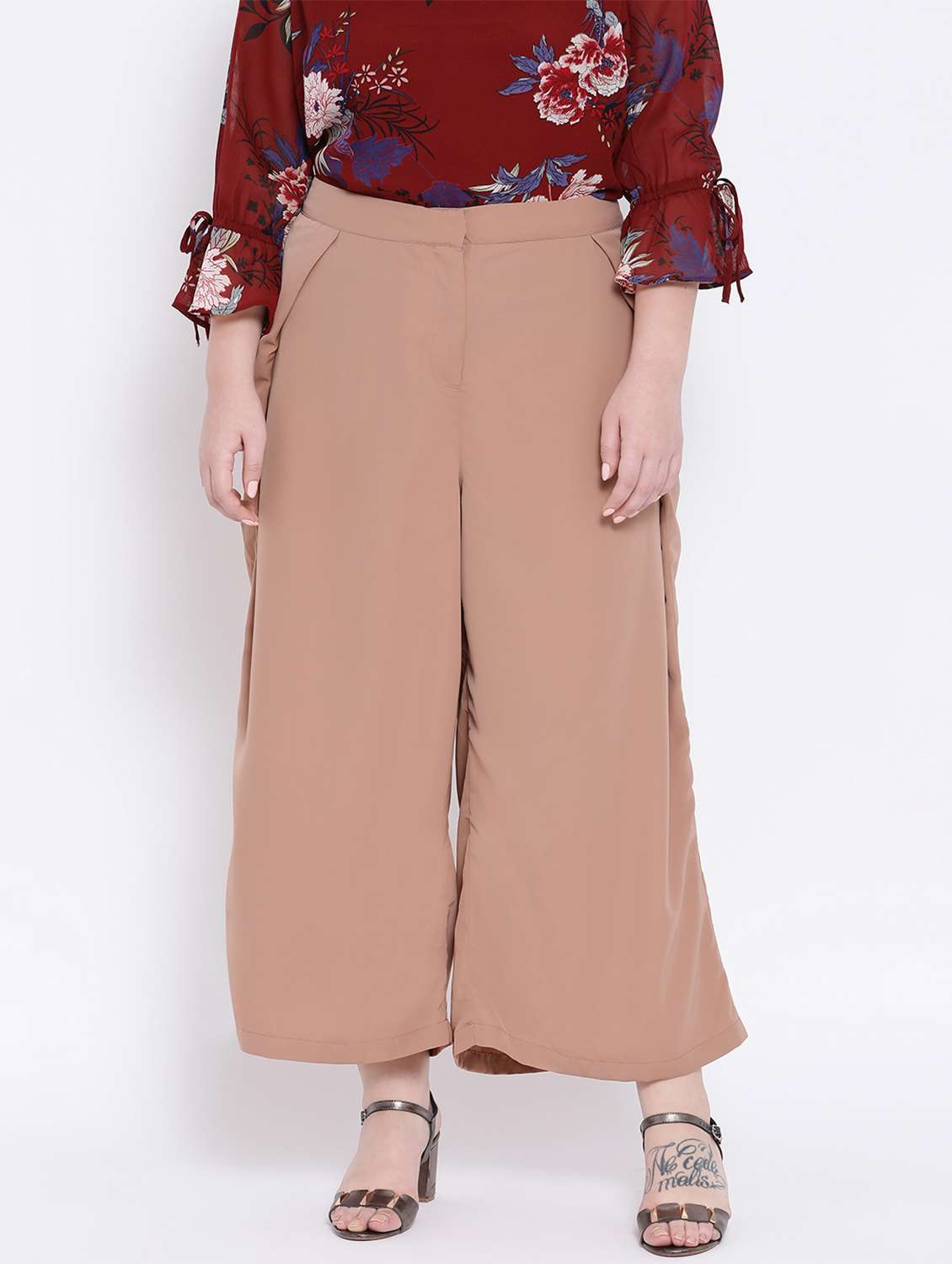 solid nude brown plus size flat front trouser