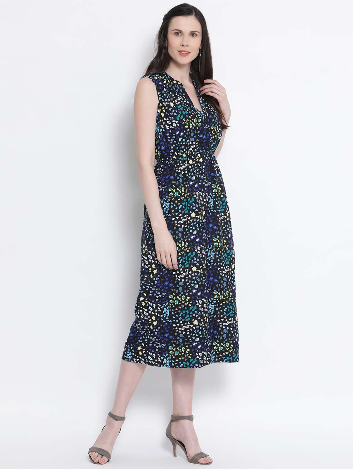 mandarin neck printed a-line dress - 17715237 -  Standard Image - 1