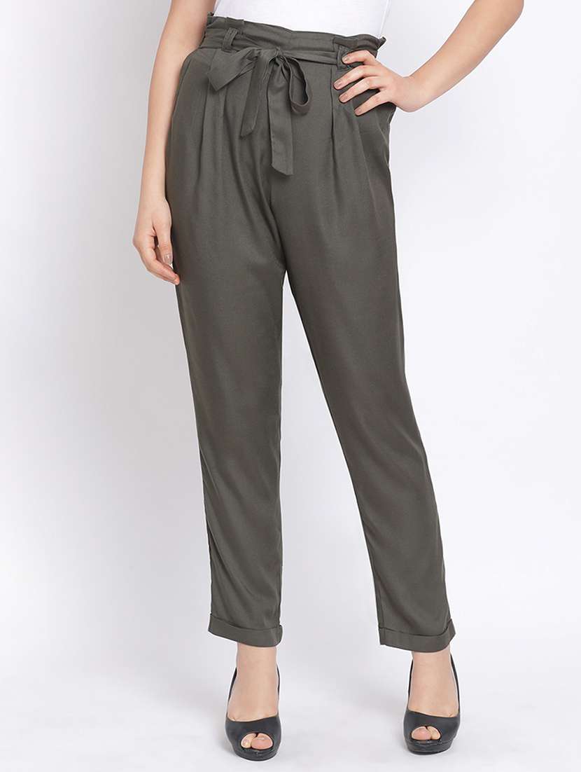 solid olive green pleated trouser