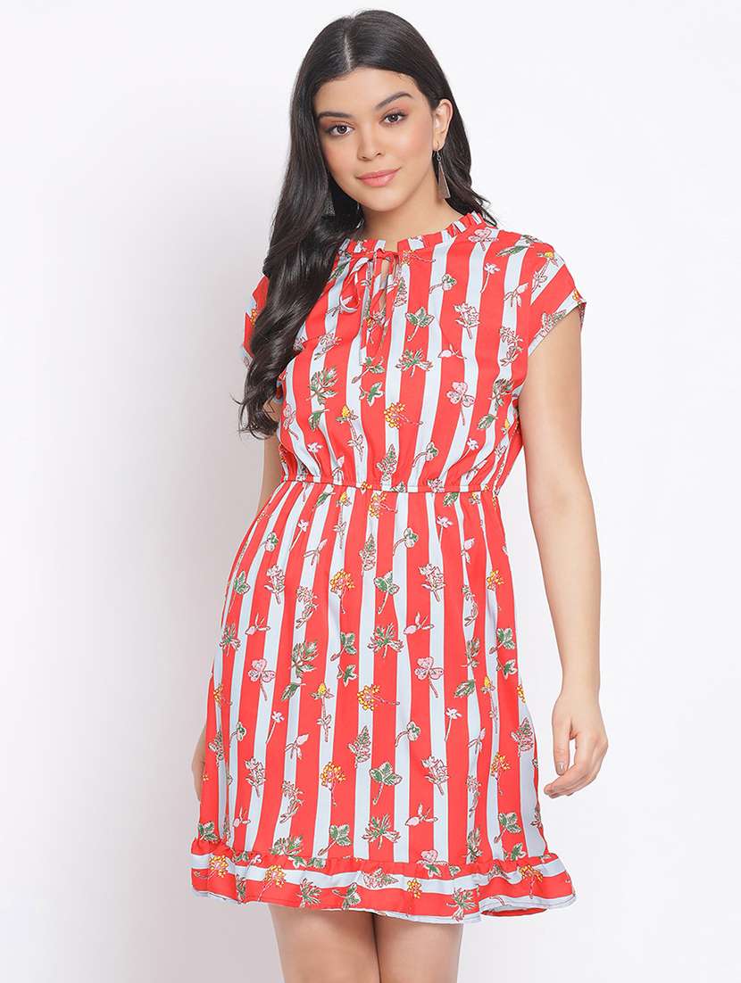 tie up neck striped a-line dress - 17715694 - Zoom Image - 0