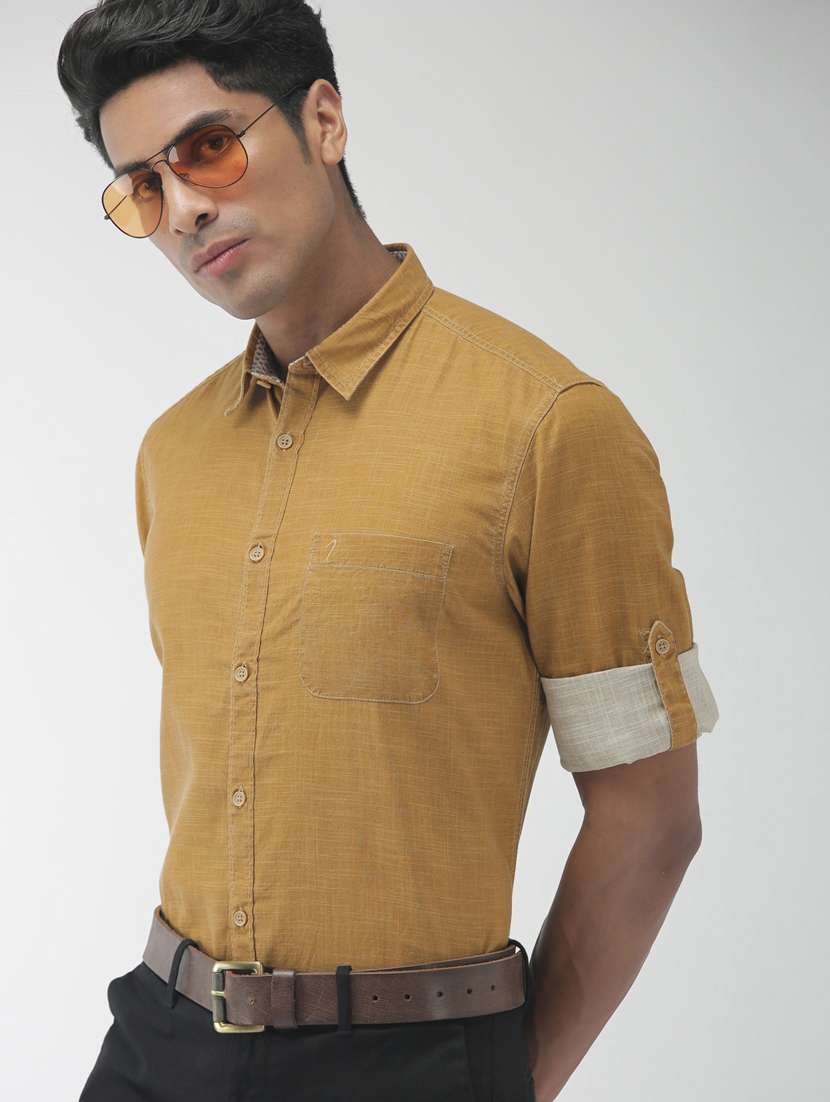 khaki self design casual shirt - 17716538 - Standard Image - 1