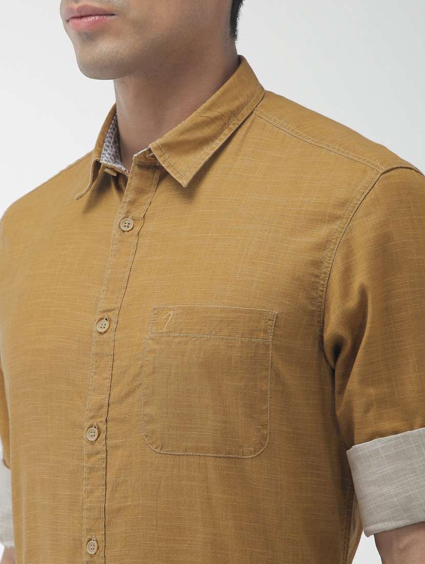 khaki self design casual shirt - 17716538 - Standard Image - 4