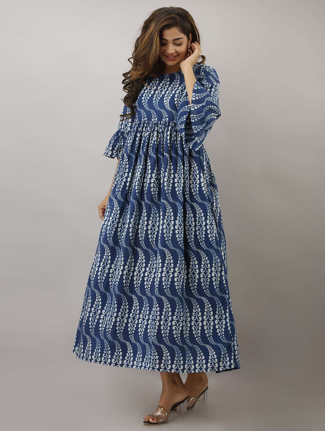 dark blue printed  maxi ethnic dress