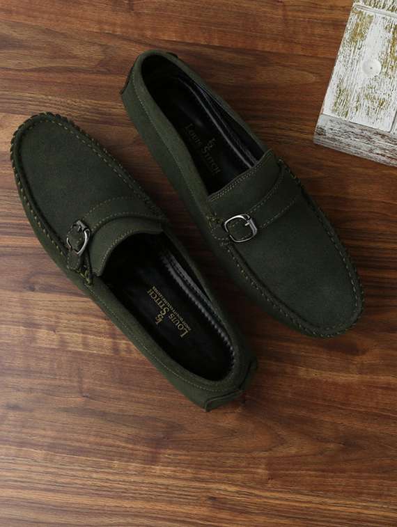 green suede slip on loafers