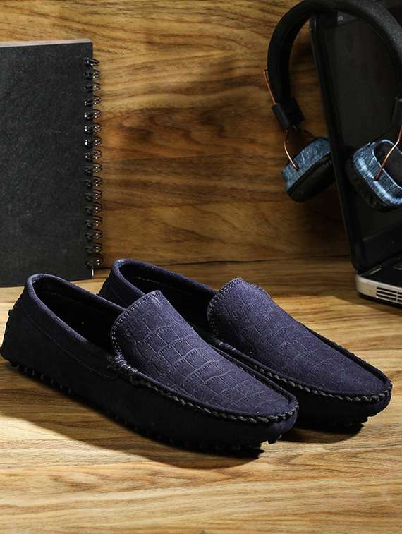 blue suede slip on loafers