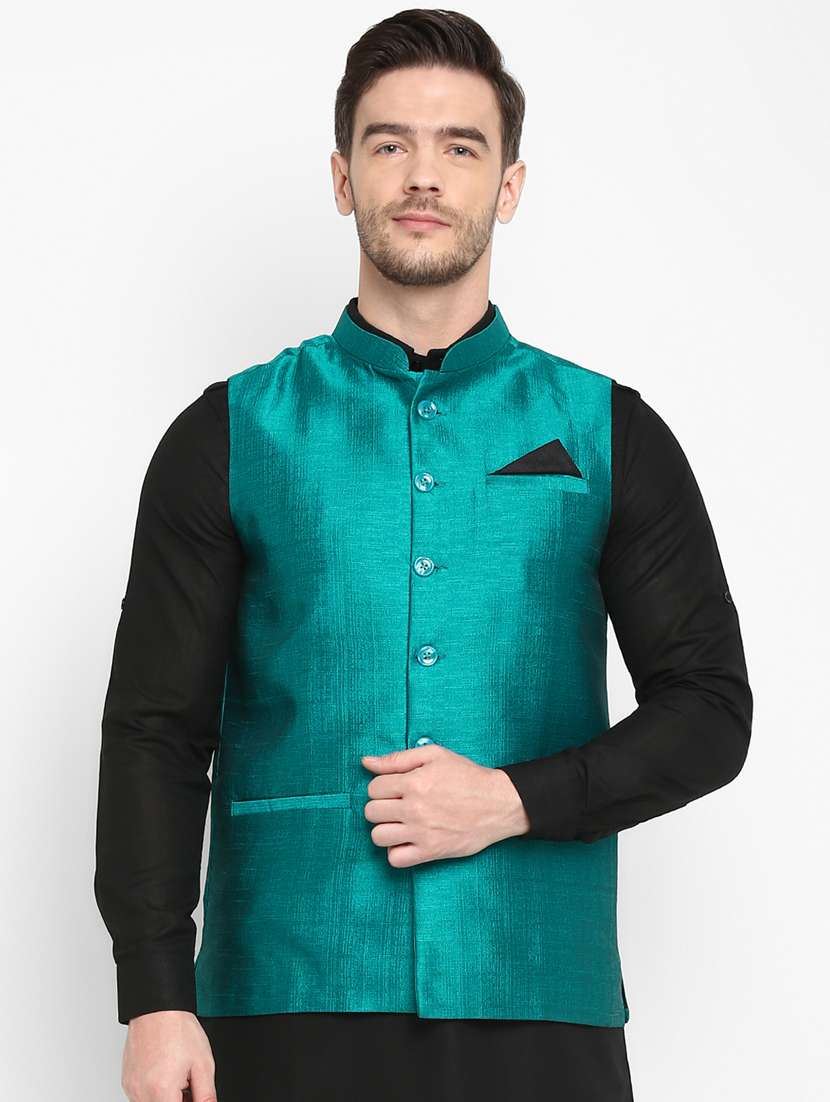 green solid nehru jacket