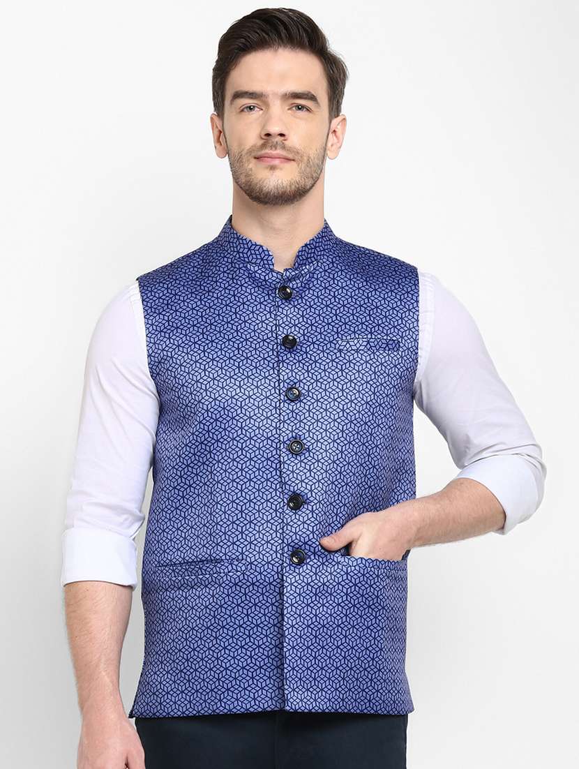 blue printed nehru jacket