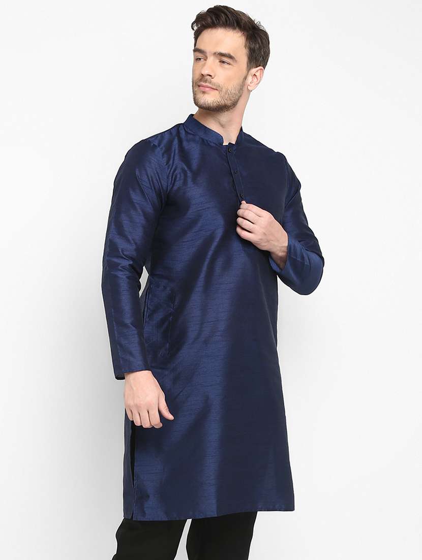 navy blue solid silk blend long kurta - 17718856 -  Standard Image - 1