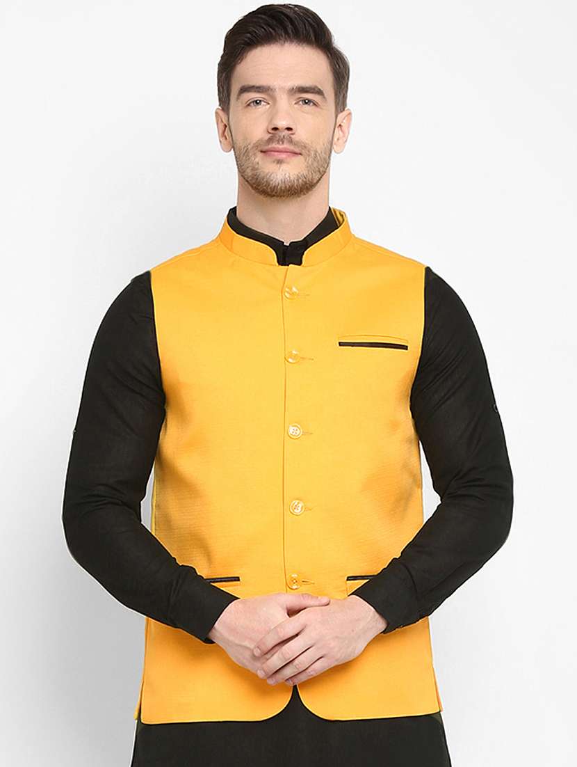 yellow solid khaadi nehru jacket