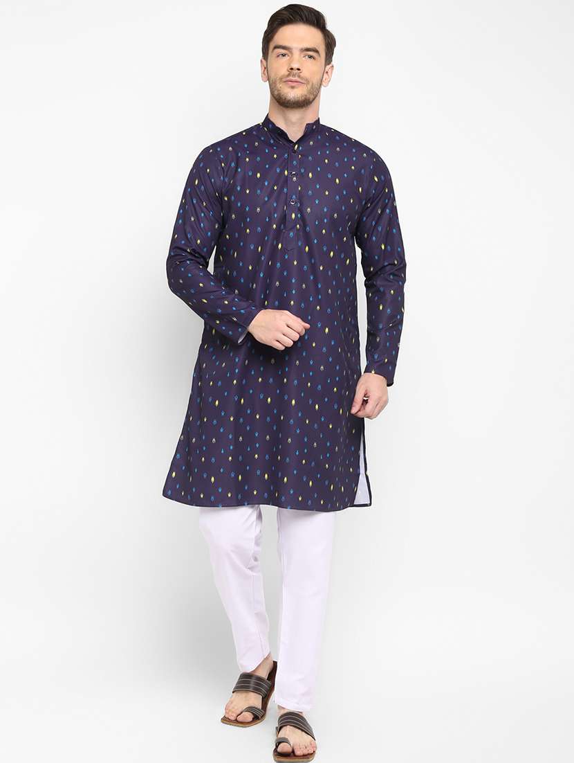 navy blue printed kurta pyjama set