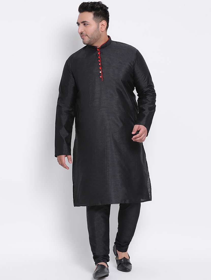 men plus size black solid kurta churidar set