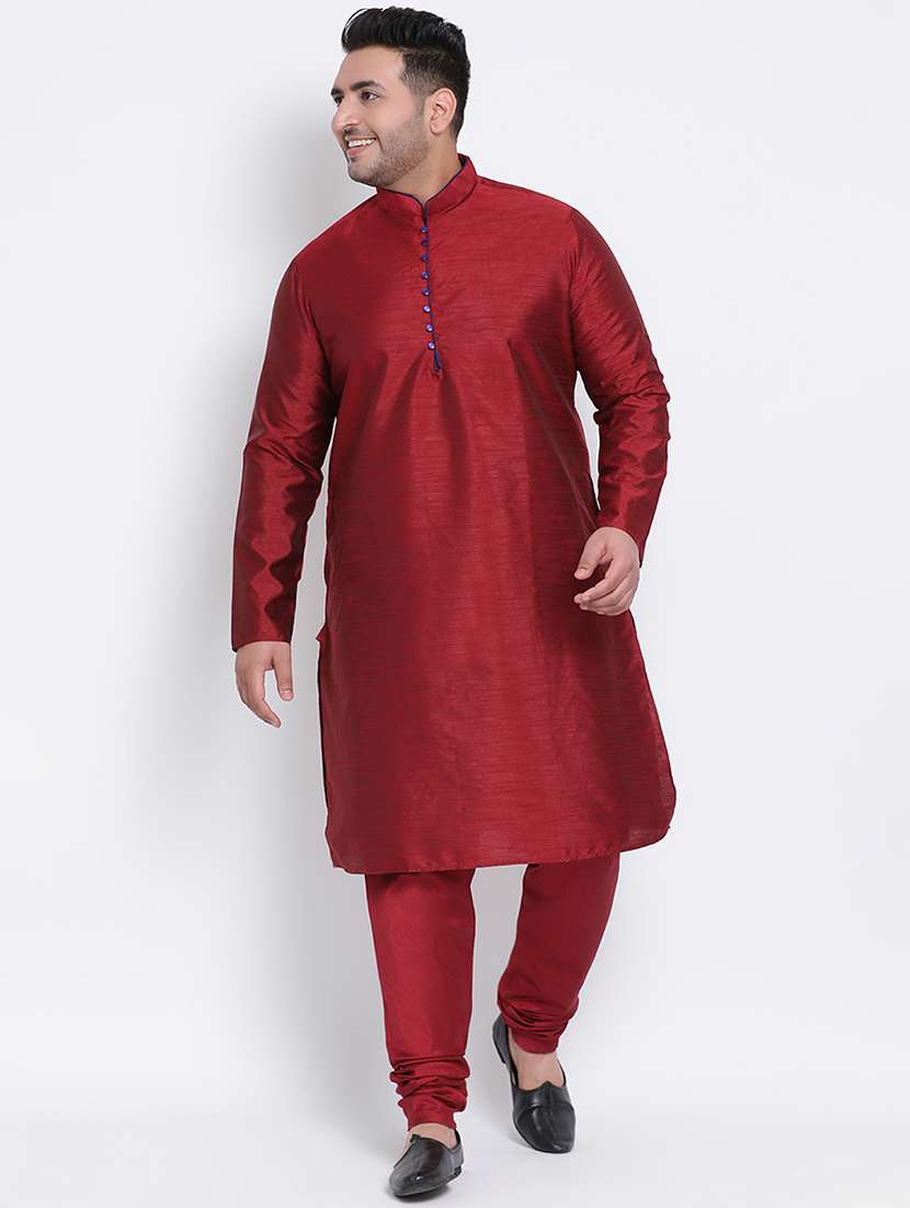 plus size maroon solid silk blend kurta pyjama set