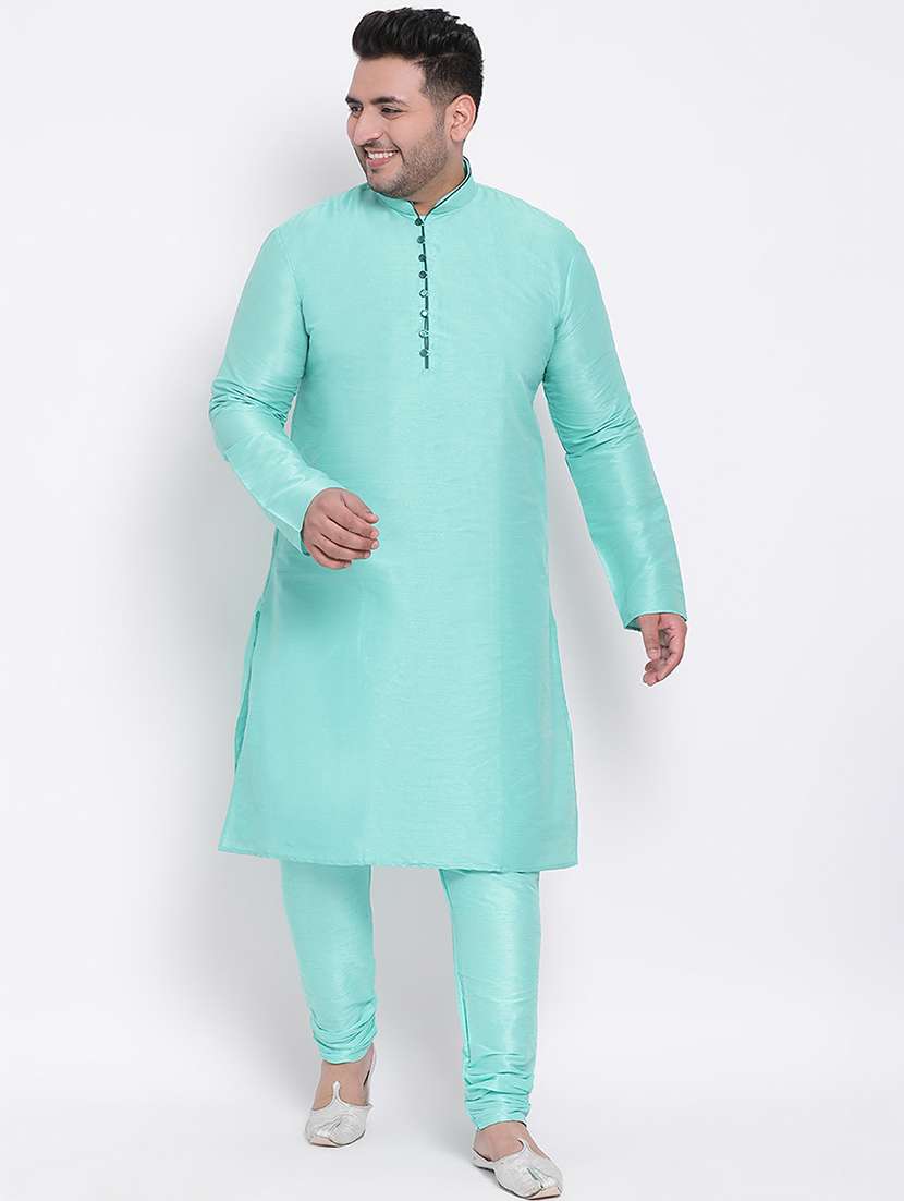 plus size green solid silk blend kurta pyjama set
